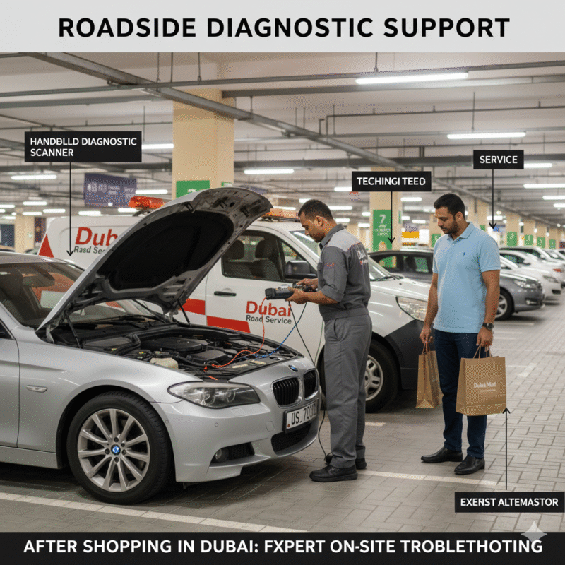 Technicians running roadside diagnostics on car battery and alternator in Dubai mall parking, hood open, service van nearby.