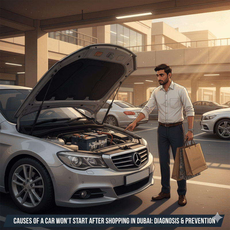 Car won’t start after shopping Dubai, open hood with weak battery, corroded terminals, heat effect in mall parking, driver inspecting engine.