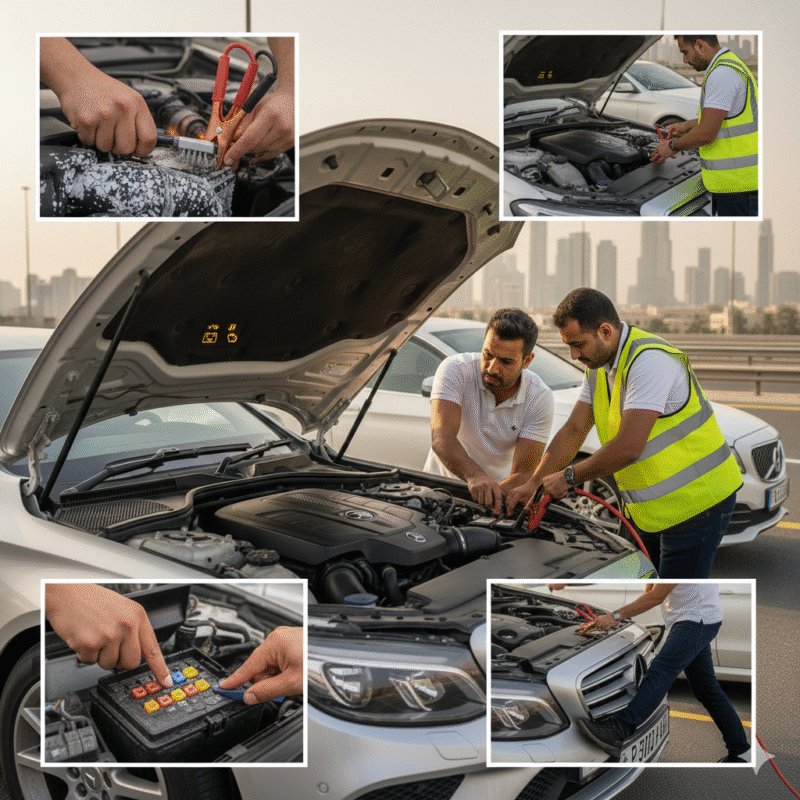 Dubai roadside jumpstart troubleshooting: reconnecting cables, checking donor battery, cleaning terminals, revving engine, retrying ignition, inspecting alternator and fuses