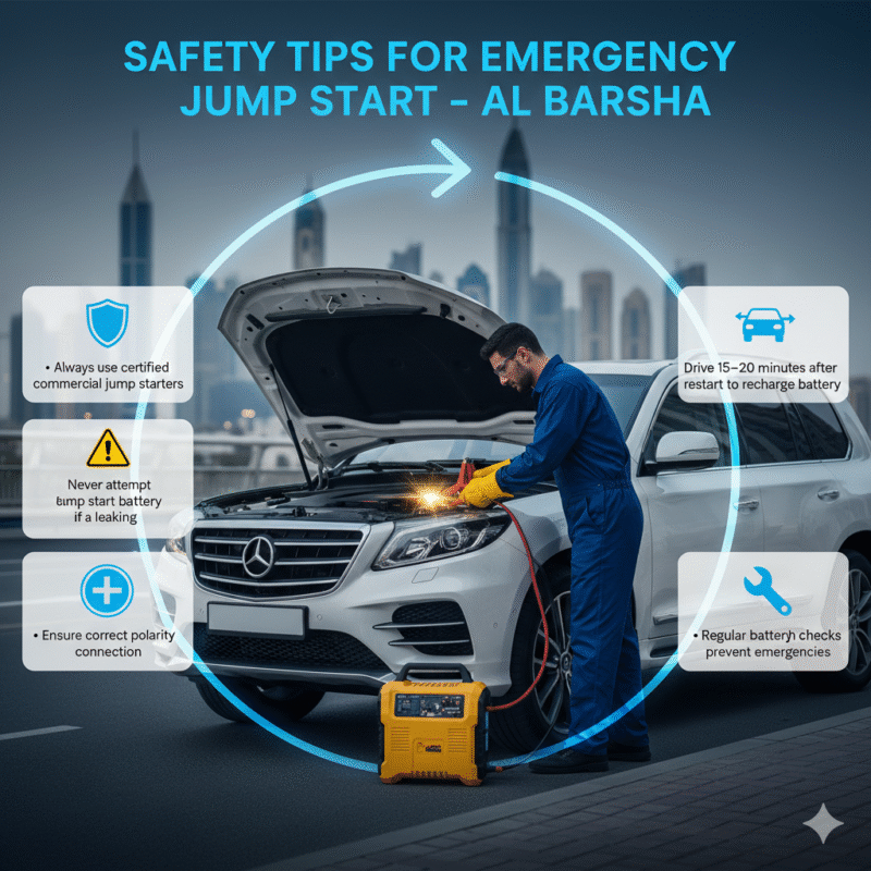 “Infographic image showing a luxury car being safely jump-started with emergency safety tips displayed on side panels.”