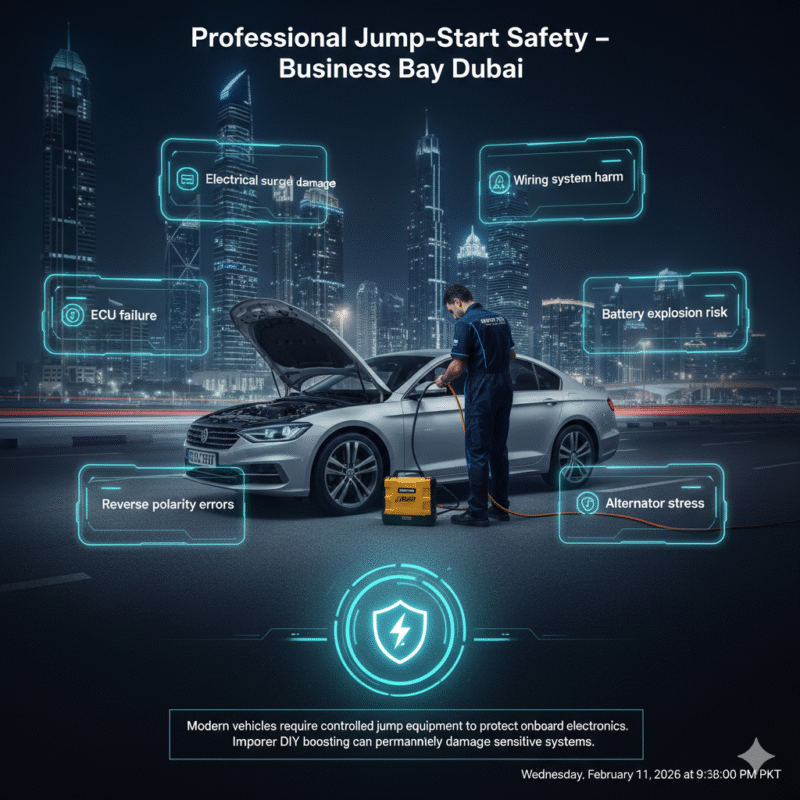 Infographic showing professional jump-start safety measures in Business Bay Dubai with central technician scene and animated side points