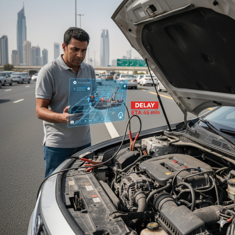Dubai car waiting for jumpstart service, traffic congestion, weak donor battery, corroded terminals, alternator fault, GPS/dispatcher issues