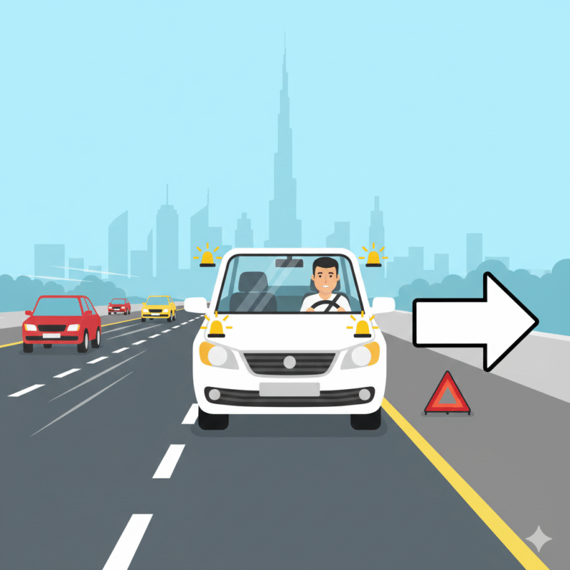 Car pulling over safely with hazard lights during a dead battery situation on a Dubai highway.
