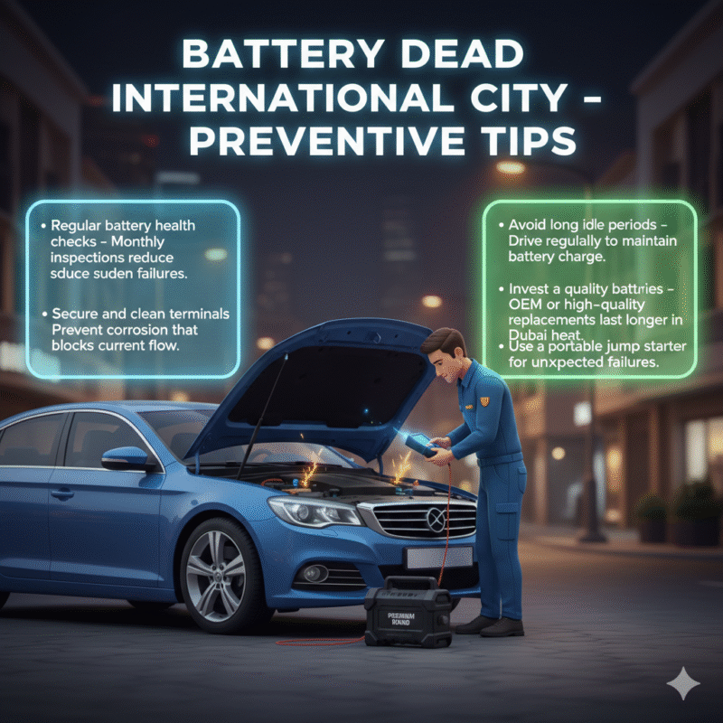Animated-style illustration of a professional technician inspecting a car battery in International City Dubai. Title "Battery Dead International City – Preventive Tips" is at the top. Key preventive tips are displayed on the sides in bullet points.