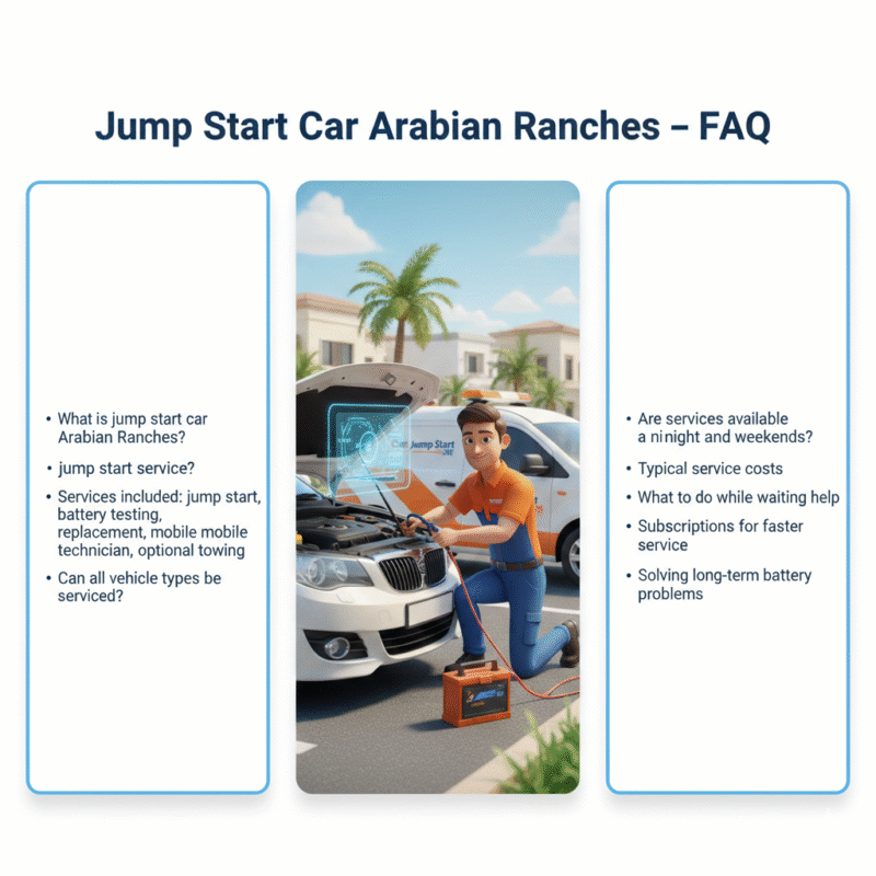 "Animated 3D illustration showing a technician assisting a car in Arabian Ranches, with side spaces for FAQ bullet points and Car Jump Start UAE branding."