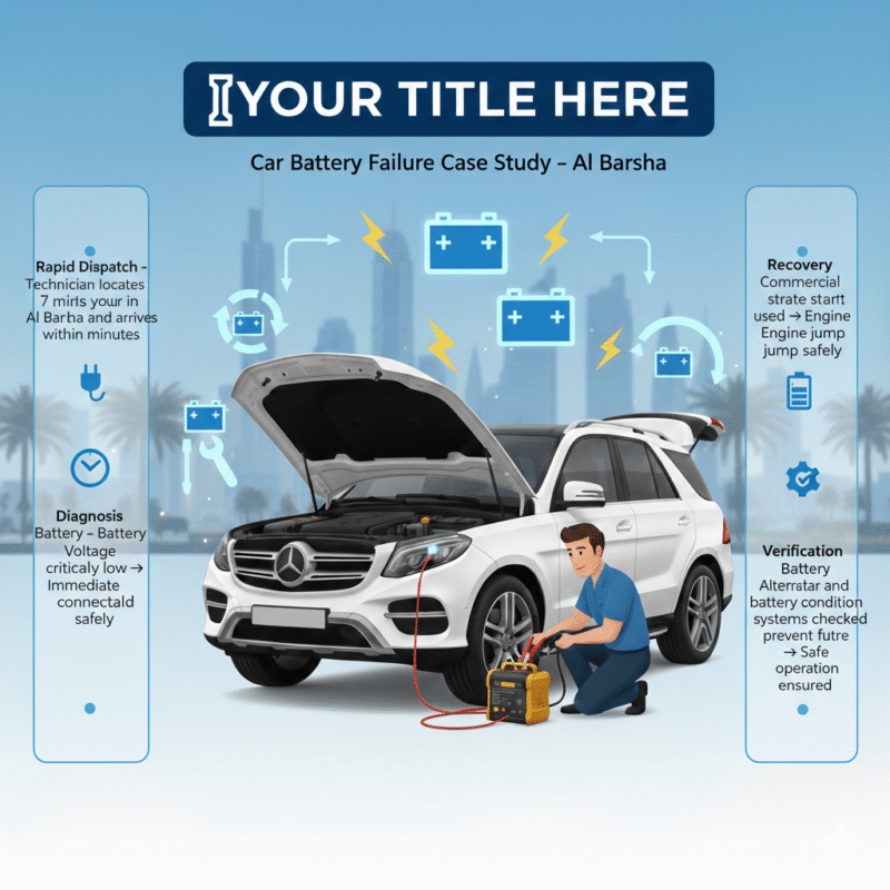 “Animated infographic-style feature image showing a luxury SUV in Al Barsha being jump-started by a technician, with side panels displaying step-by-step case study stages and a dynamic title on top.”