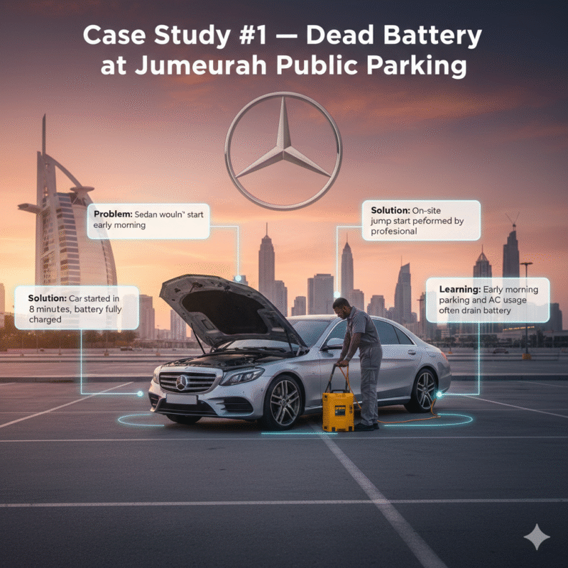 Luxury sedan at Jumeirah public parking with roadside technician performing jump start, infographic showing case study details including problem, solution, result, and learning