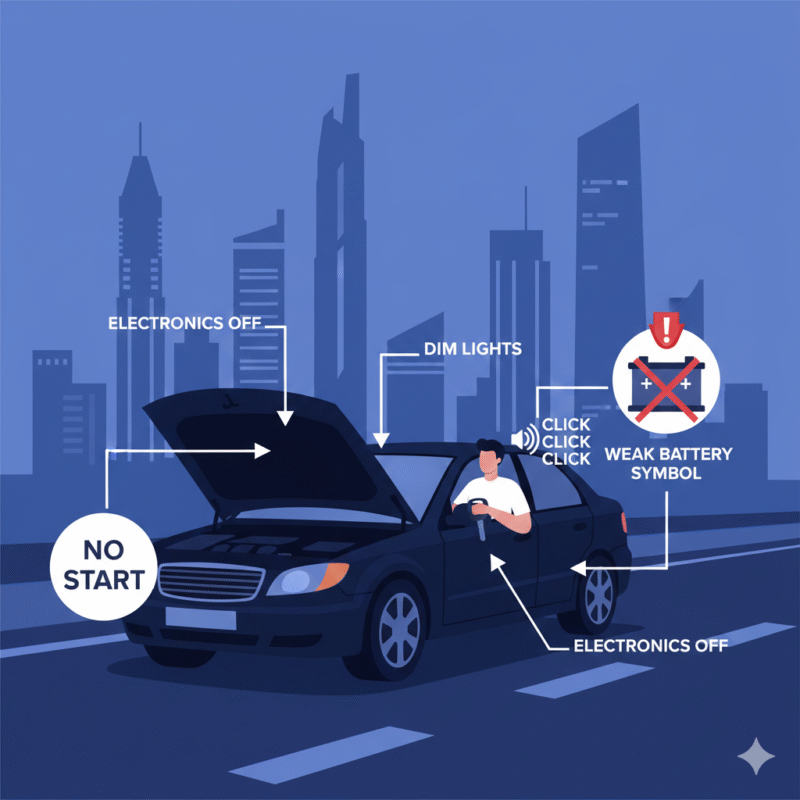 Illustration of car battery failure symptoms at night in Dubai with dim dashboard lights and driver unable to start vehicle