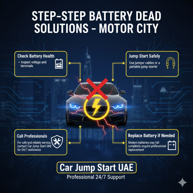 "Step-by-step battery dead solutions in Motor City showing bullet points on sides and a central animated car illustration with electrical icons."