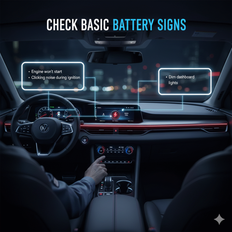Infographic showing basic signs of a dead car battery including engine not starting, clicking noise, and dim dashboard lights