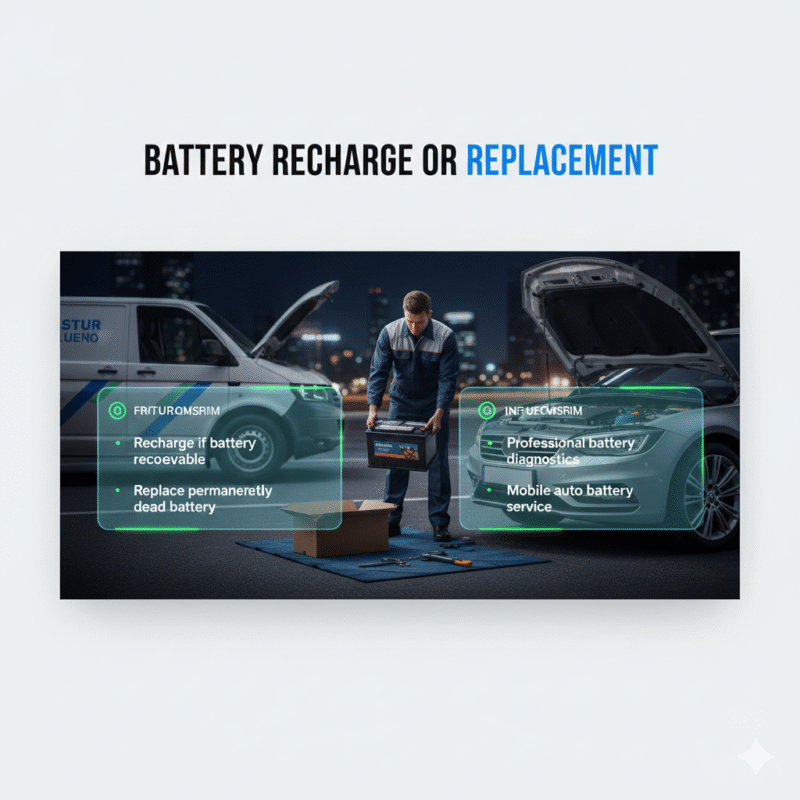 Technician performing car battery replacement in professional roadside service guide image