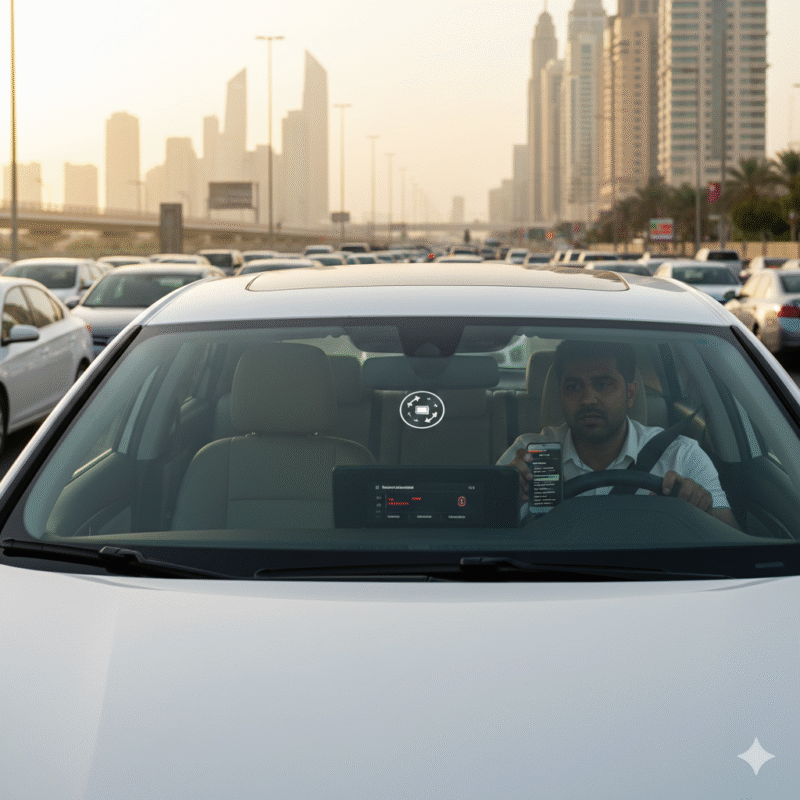 Car stranded before appointment in Dubai with driver calling roadside assistance and dim dashboard lights
