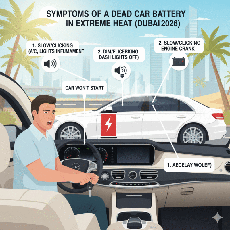 Car parked under Dubai sun with dashboard flickering, engine slow to crank, electronics off, and driver attempting to start, illustrating battery drained while waiting Dubai 2026