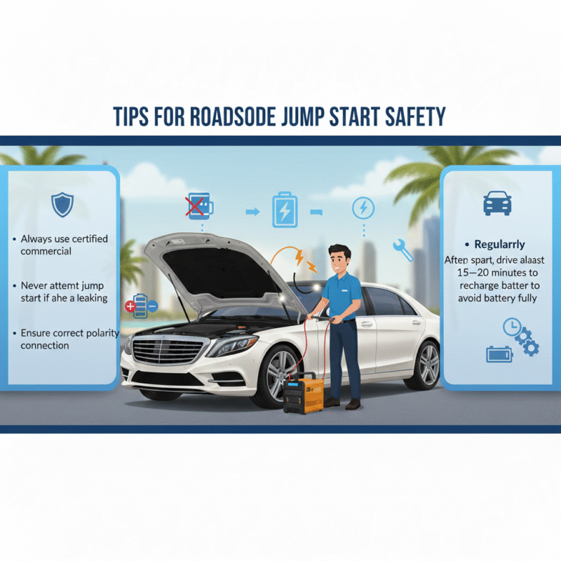 “Animated infographic-style feature image showing a luxury car being safely jump-started in Jumeirah, with side panels displaying top safety tips and title on top.”