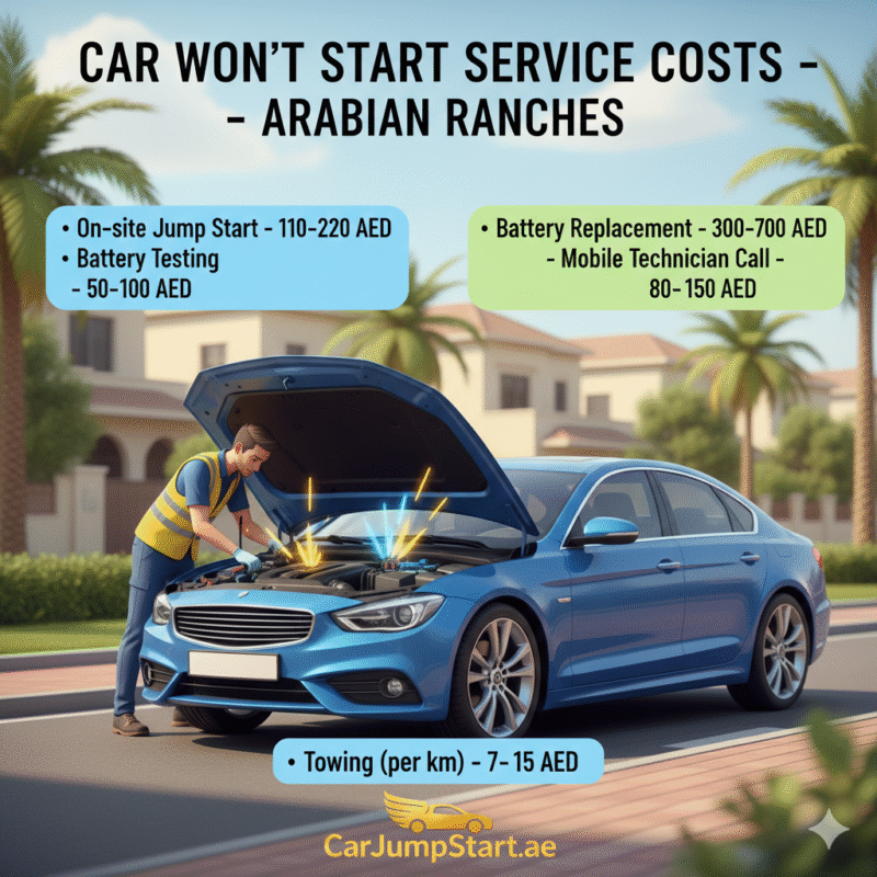 "Cost table showing typical service prices for cars that won’t start in Arabian Ranches, with central car image and professional brand logo."