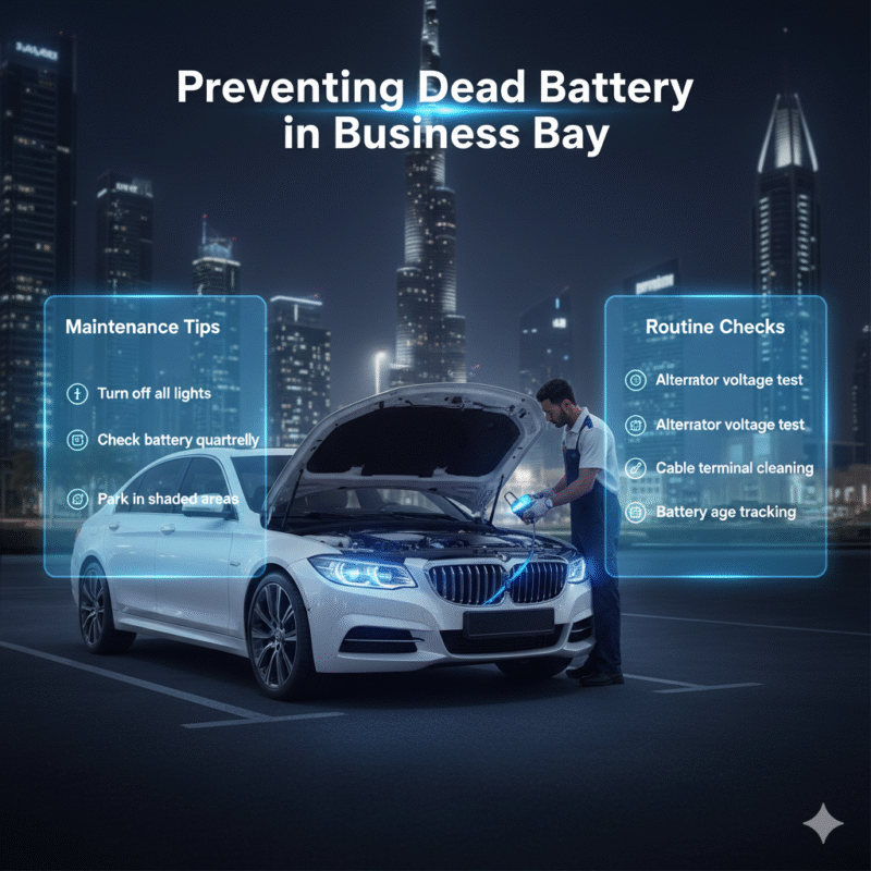 Infographic showing maintenance and routine checks to prevent dead car battery in Business Bay