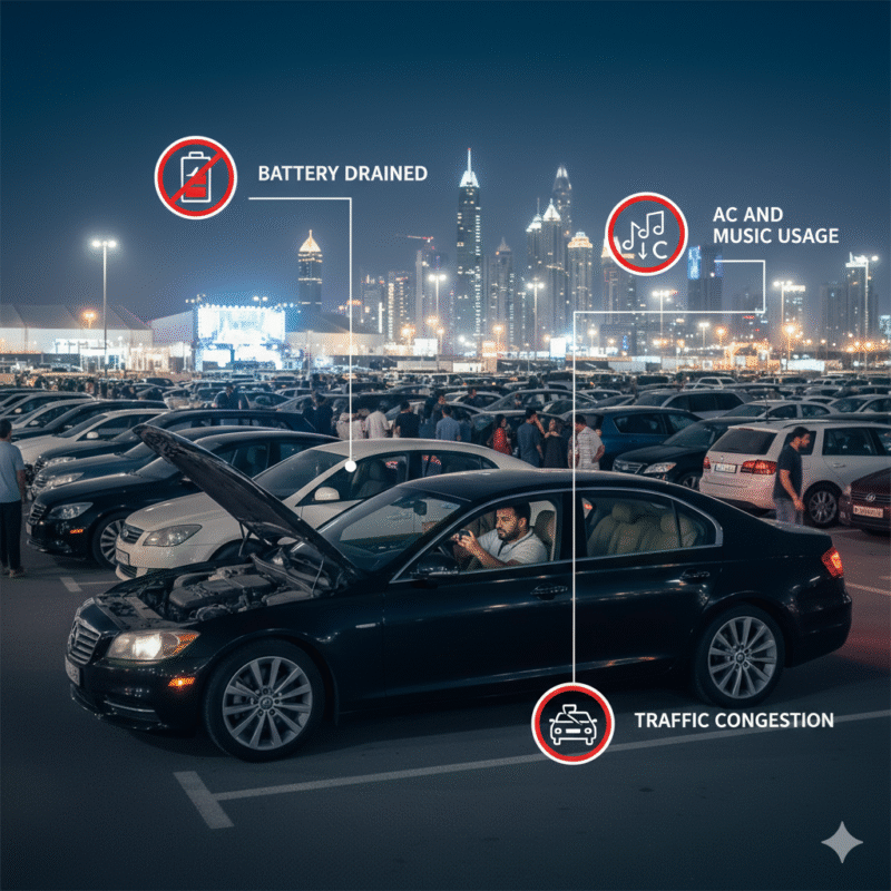 Illustration of a car stranded in Opera parking after a concert in Dubai with driver checking battery and waiting for jump start