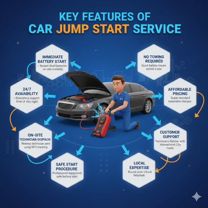 Animated infographic showing "Key Features of Car Jump Start Service" with central brand visual and key service points displayed on sides.
