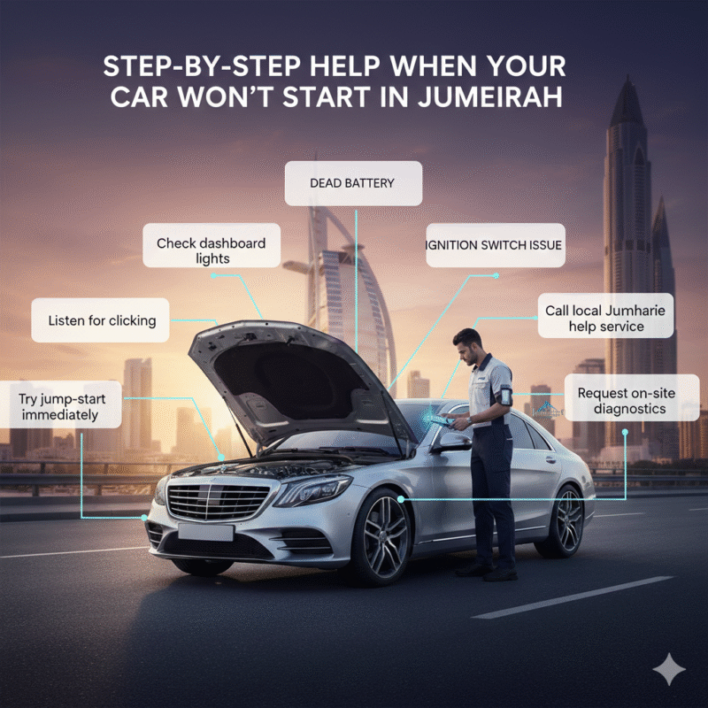 Step-by-step guide for car won’t start help in Jumeirah with technician assisting luxury vehicle roadside