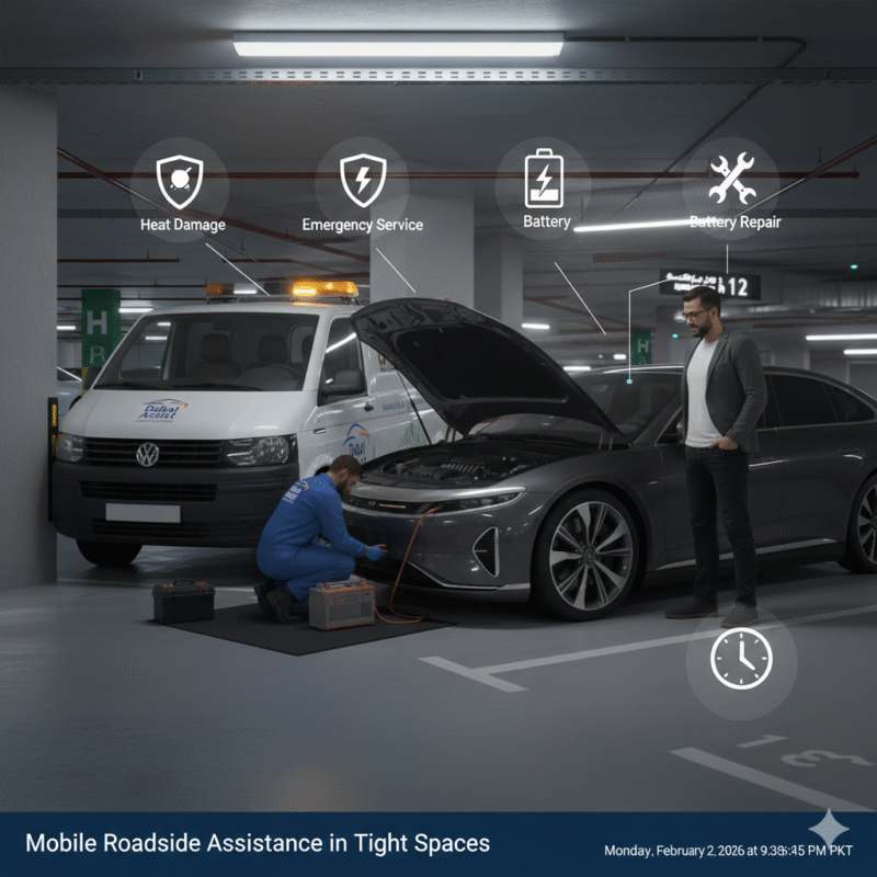 Technician providing mobile battery assistance to a stranded car in underground Dubai garage.