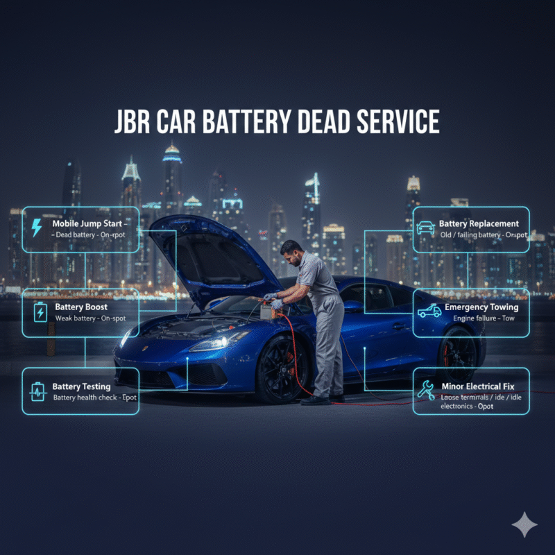 Luxury car in Jumeirah Beach Residence receiving professional battery dead service from technician, with key service points highlighted