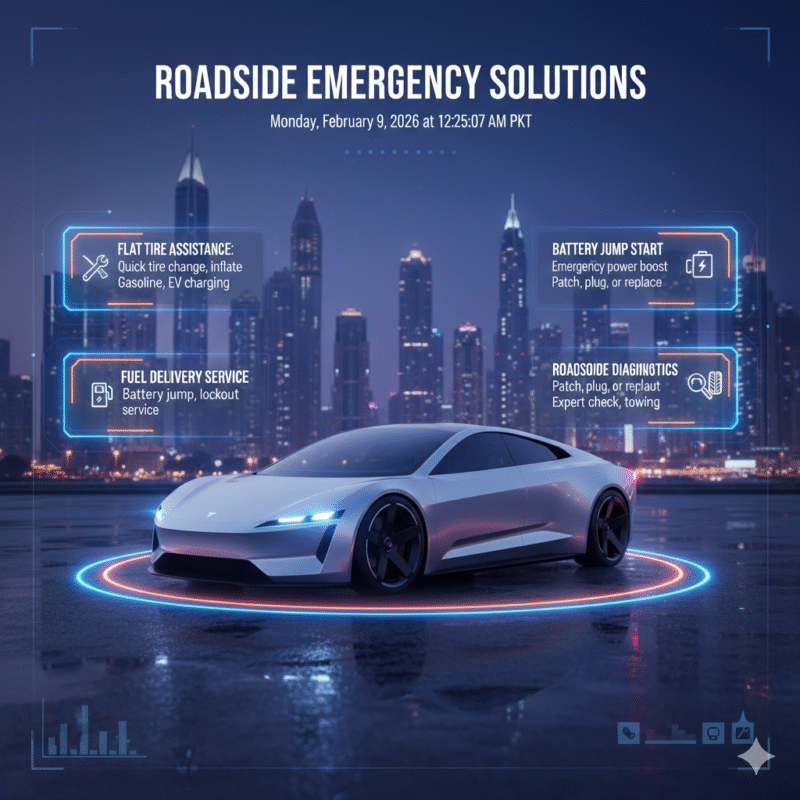 "User guide infographic for car battery dead in Dubai Marina with luxury car at center, step-by-step points displayed on sides, animated and modern design."