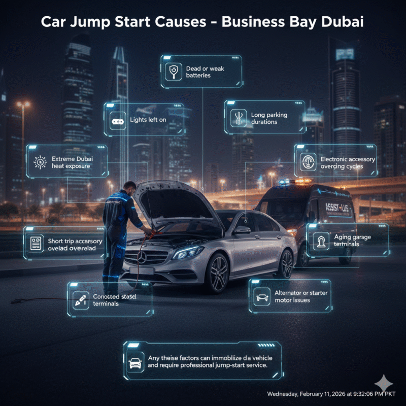 Infographic showing professional car jump-start causes in Business Bay Dubai with central technician scene and animated side points
