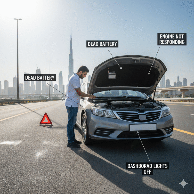 Stranded car with dead battery in Dubai heat, driver checking dashboard and engine.