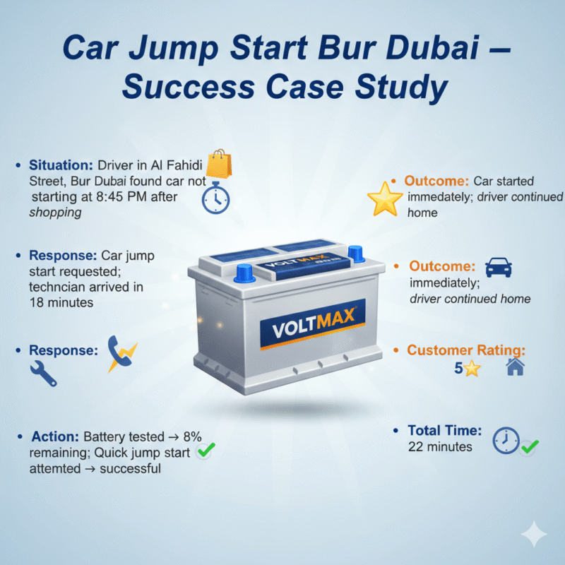 “Animated-style feature image showing a successful car jump start case in Bur Dubai, title on top, premium battery in center, case study points on sides with icons.”