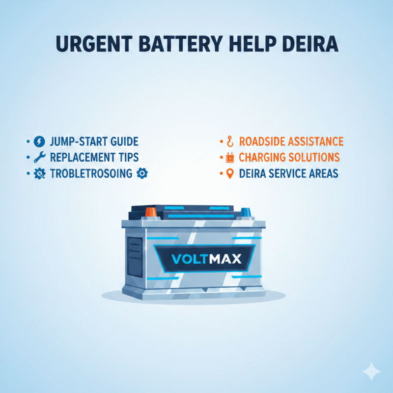 “Animated-style feature image for ‘Urgent Battery Help Deira’ user guide, showing title on top, sleek car battery in center, and key points from the guide as bullet points on sides.”
