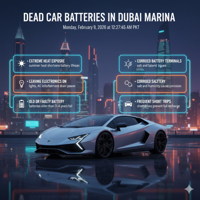 "Animated user guide infographic showing causes of dead car batteries in Dubai Marina with luxury car at center and bullet points on sides."