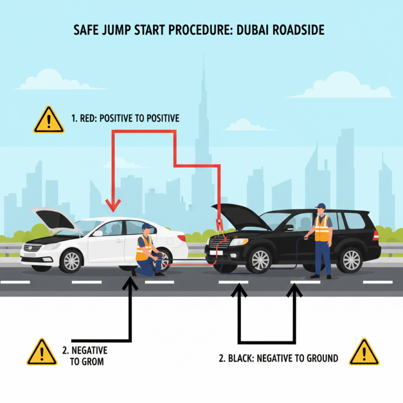 Two cars connected with jumper cables during a safe jump start on a Dubai highway.