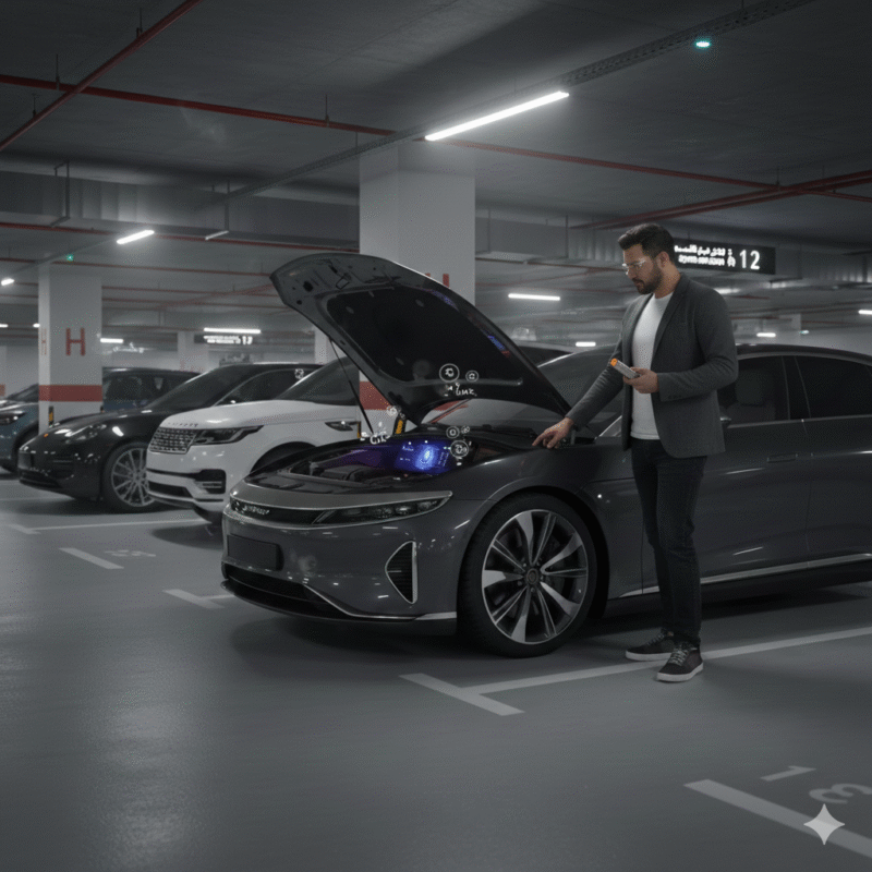 Driver tries to start a modern sedan in underground Dubai parking; dashboard lights dim, engine unresponsive, key fob unresponsive.