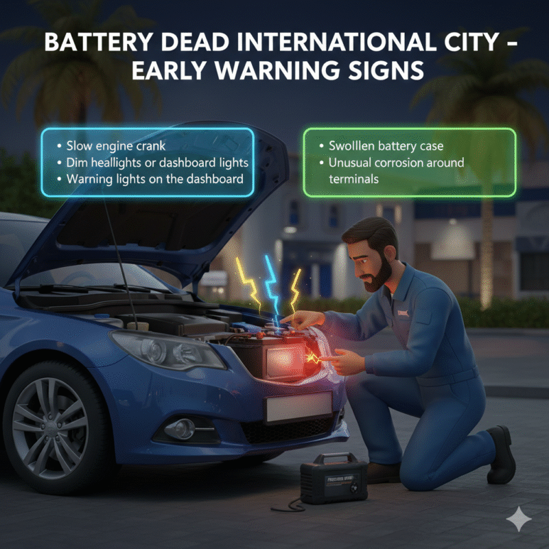 Animated-style illustration showing a professional technician inspecting a car battery in International City Dubai. Title "Battery Dead International City – Early Warning Signs" at the top. Key warning signs are displayed on the sides as bullet points.