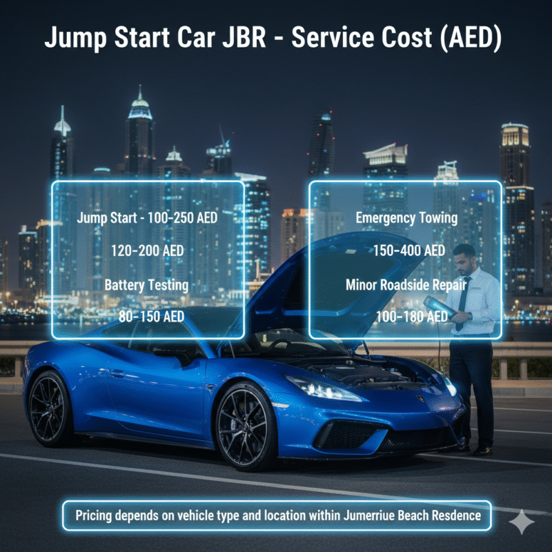 Infographic showing average service costs for jump start, battery boost, battery testing, emergency towing, and minor repairs in Jumeirah Beach Residence
