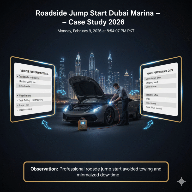 Roadside jump start case study in Dubai Marina showing vehicle issues, response times, service actions, and results in infographic style