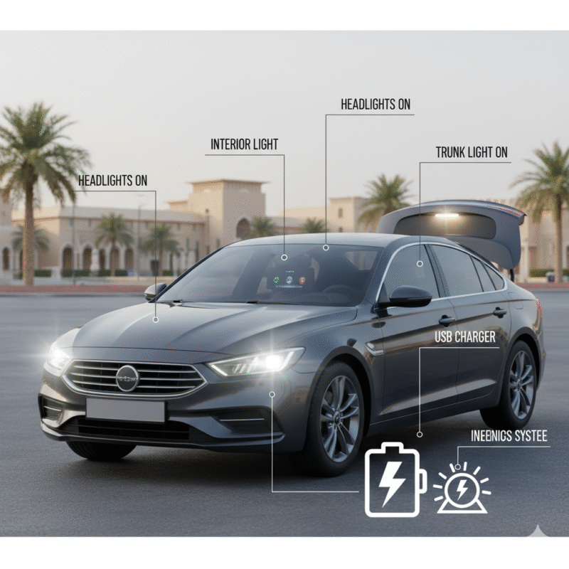 Infographic showing causes of battery drained by lights mistake in Dubai with headlights, cabin lights, trunk lights, accessories, and old battery warnings
