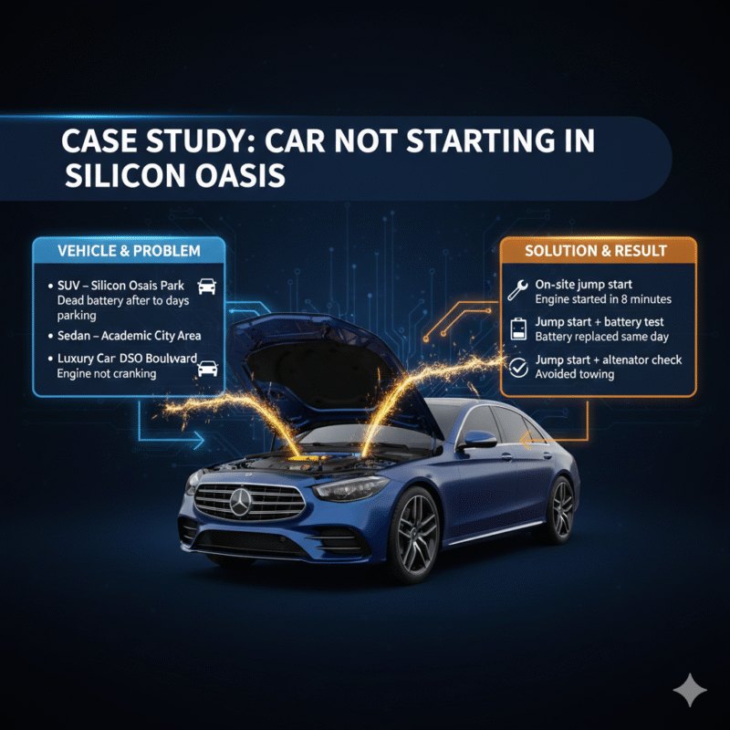 Professional infographic titled “Case Study: Car Not Starting in Silicon Oasis” showing vehicle problems on the left, solutions and results on the right, and a luxury branded car in the center connected with animated arrows and diagnostic icons.