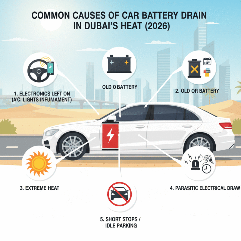 Infographic showing electronics left on, weak battery, heat, parasitic draw, and short stops causing battery drained while waiting Dubai 2026