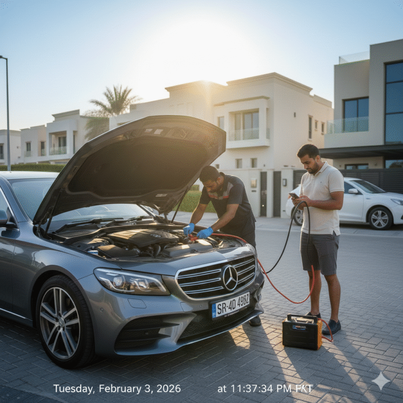 Technician performing a jump start on a car stranded due to a battery drained in hot weather Dubai, driver watching, sun glare visible.