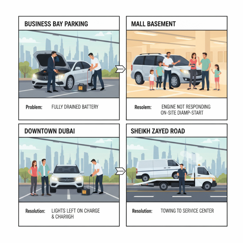 Infographic of multiple real Dubai car emergency cases with solutions like jump start and roadside assistance