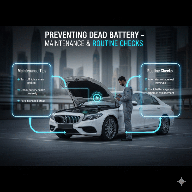 Infographic showing battery maintenance tips and routine checks to prevent dead batteries in Business Bay