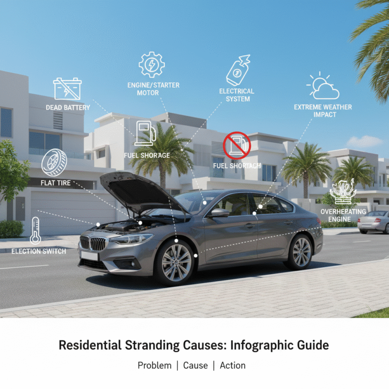 Infographic showing causes of a car stranded in a Dubai residential area, including dead battery, flat tire, engine failure, fuel issues, ignition, electrical, overheating, and extreme weather