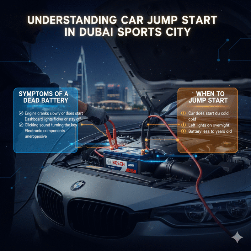 “User guide illustration showing the title at the top, main jump start points on the sides, and an animated car jump start scene with a brand logo in the center.”