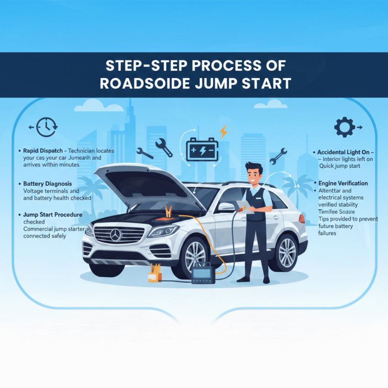 “Animated infographic-style feature image showing a luxury car in Jumeirah being jump-started by a technician, with side panels displaying step-by-step roadside jump start process and title on top.”