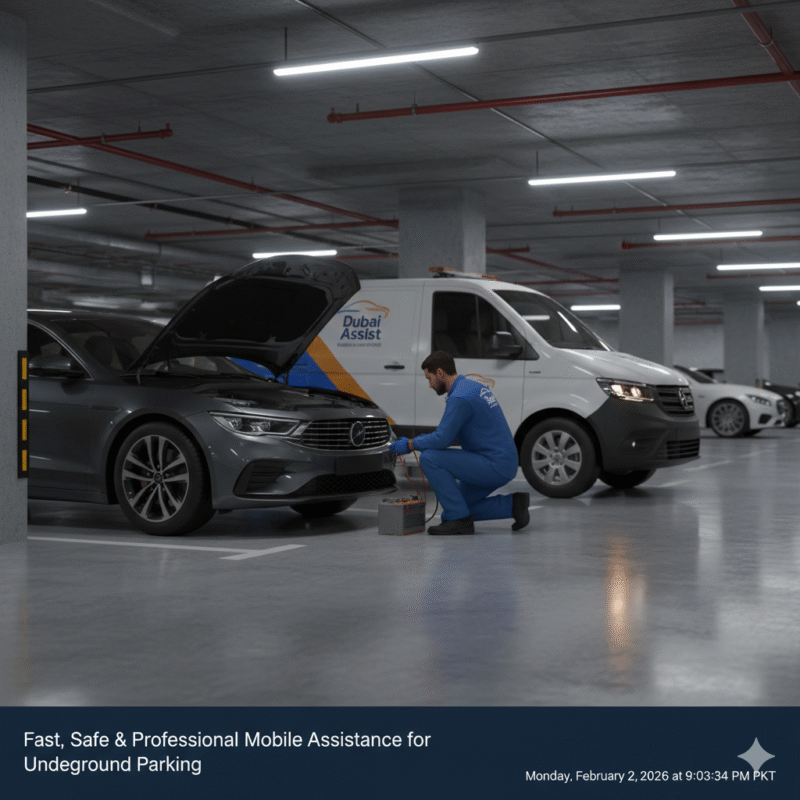 Technician from mobile roadside service assists a dead car in underground Dubai parking, performing battery repair or jump-start.