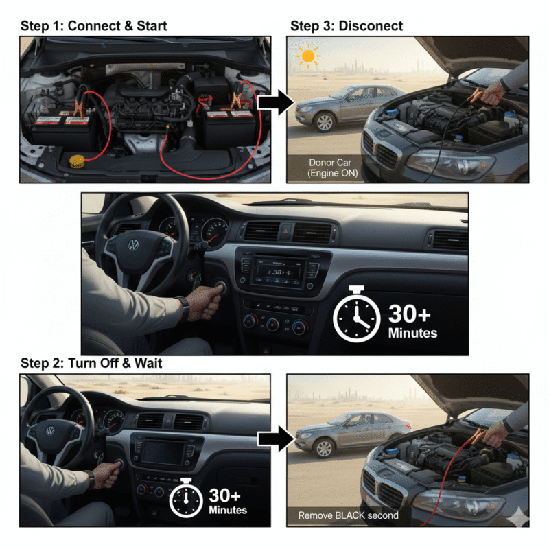 Driver performing emergency jump start and precautions after battery died in desert heat Dubai