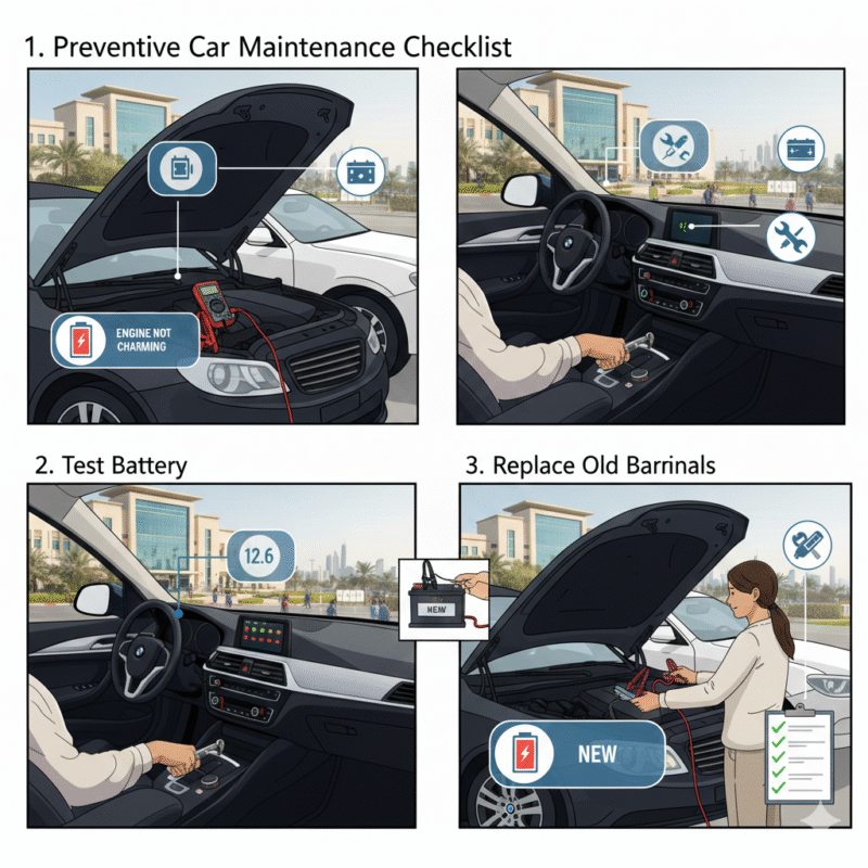 Illustration showing preventive maintenance steps for a car to avoid failure during Dubai school pickup