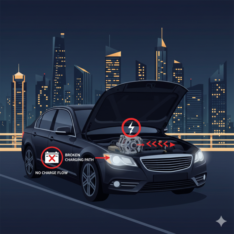 Illustration of a broken alternator leading to car battery failure at night in Dubai