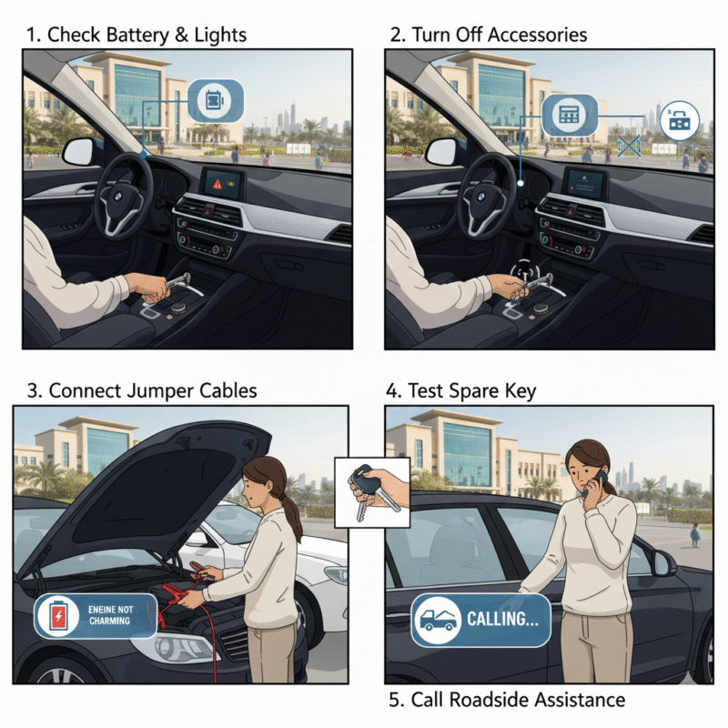 Illustration showing parent performing troubleshooting steps for car that won’t start during school pickup in Dubai